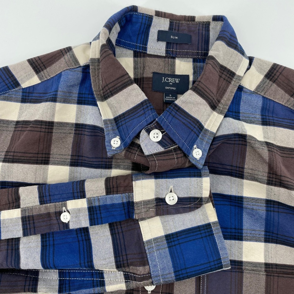 J.Crew Men's Size Small Slim Fit Oxford Shirt Blue Brown Plaid Cotton